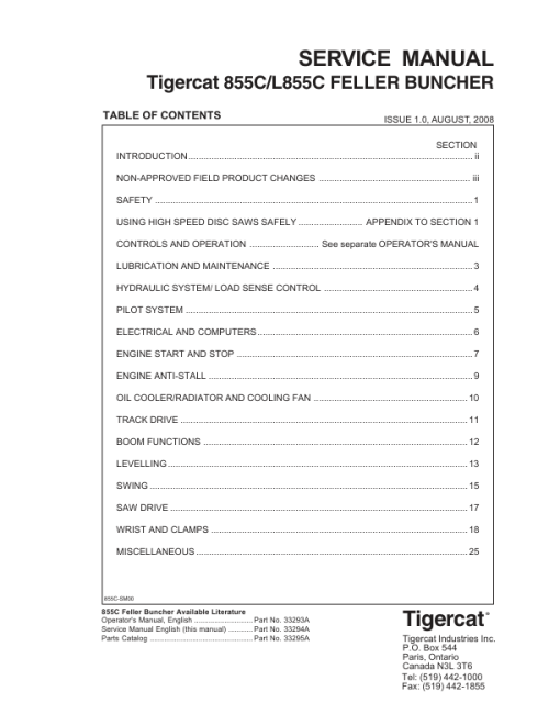 Tigercat 855C, L855C Feller Buncher Repair Service Manual