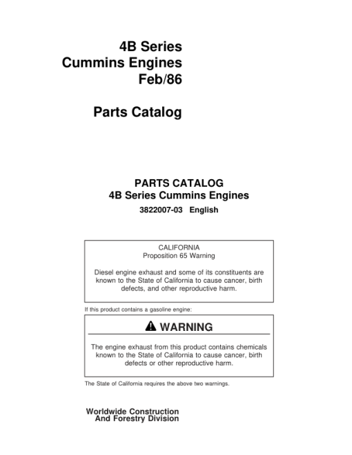 John Deere 4B3.9, 4BT3.9, 4BTA3.9 Cummins Engines Parts Catalog Manual - 3822007-03