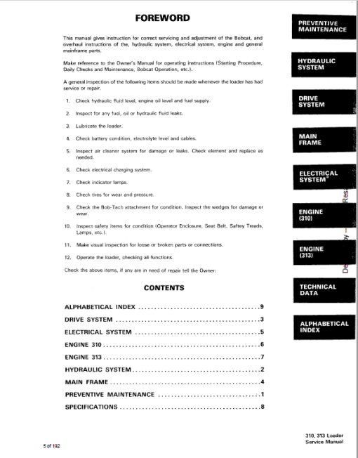 Bobcat 310 and 313 Skidsteer Loader Service Manual - Image 4