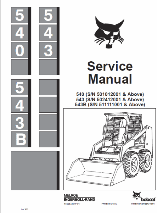 Bobcat 540, 543 and 543B Skid-Steer Loader Service Manual