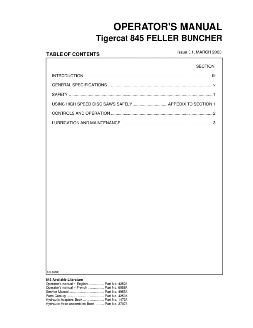 Tigercat 845 Feller Buncher Repair Service Manual (SN 8450101 - 8450475) - Image 2