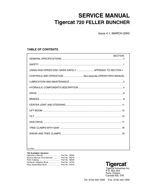 Tigercat 720 Feller Buncher Repair Service Manual (SN 7200101 - 7201660)