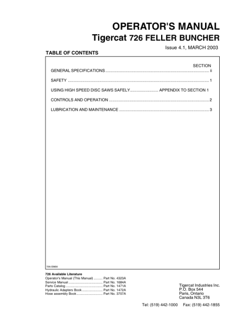 Tigercat 726 Feller Buncher Repair Service Manual (SN 7260101 - 7260999) - Image 5