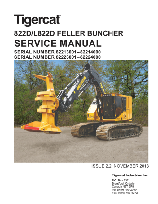 Tigercat 822D, L822D Feller Buncher Repair Service Manual (SN 82213001 - 82224000)