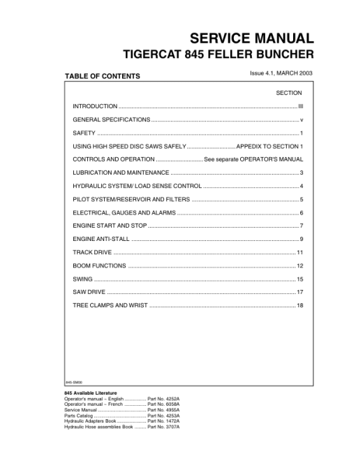 Tigercat 845 Feller Buncher Repair Service Manual (SN 8450101 - 8450475)