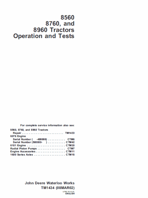 John Deere 8560, 8760, 8960 Tractor Technical Manual (TM1433) - Image 5