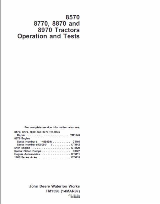 John Deere 8570, 8770, 8870, 8970 Tractor Technical Manual (TM1549) - Image 6