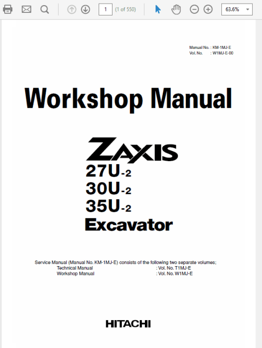 Hitachi Zaxis ZX27U-2, ZX30U-2, ZX35U-2 Excavator Service Repair Manual