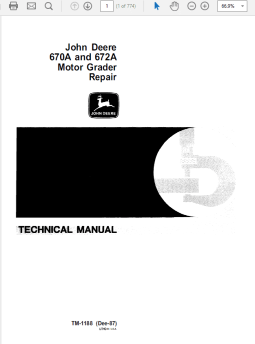 John Deere 670A, 672A Motor Grader Technical Manual (TM1188)