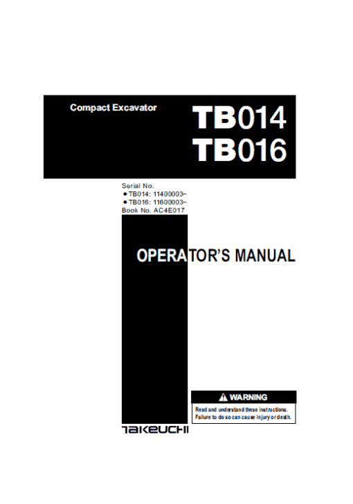 Takeuchi TB014 and TB016 Compact Excavator Service Manual - Image 4