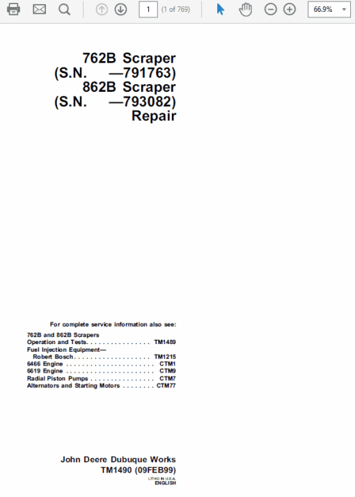 John Deere 762B, 862B Scraper Repair Technical Manual (TM1489 and TM1490) - Image 8