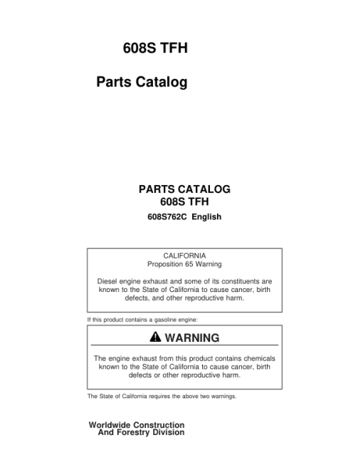 John Deere 608S, 762C Tracked Harvesters (Harvesting Head) Parts Catalog Manual