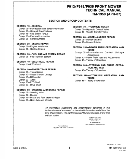 John Deere F911, F912,  F915, F925, F932, F935 Front Mowers Technical Manual - Image 8