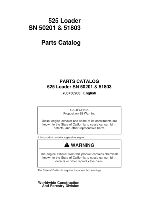 John Deere 525 Loaders (SN 50201 & 51803) Parts Catalog Manual