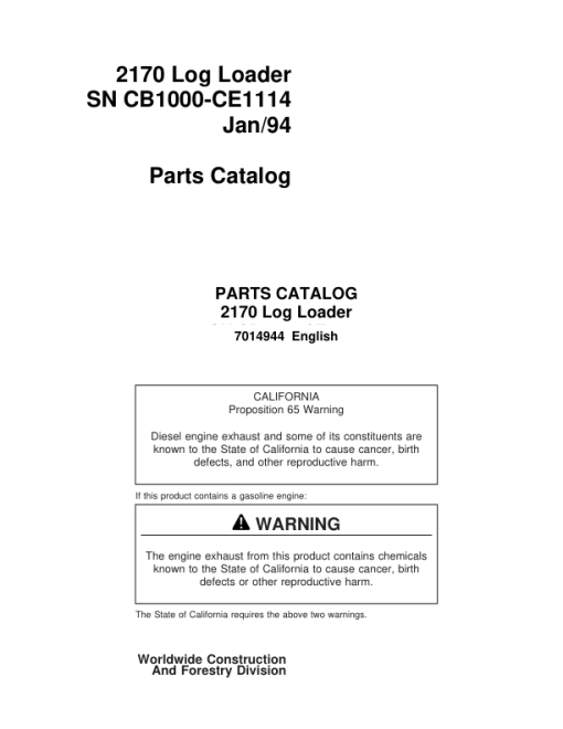 John Deere 2170 Knuckleboom Loader (SN SN CB1000-CE1114) Parts Catalog Manual - 7014944