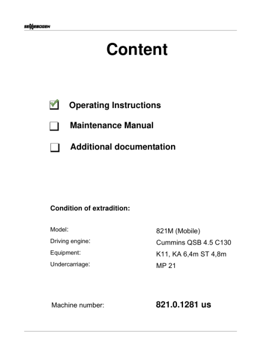 Sennebogen 821.0.1278 Operators, Maintenance and Parts Manual - Image 3