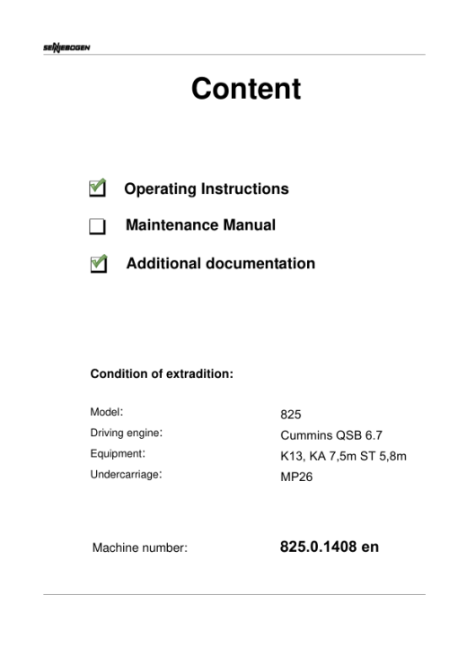 Sennebogen 825.0.1408 Operators, Maintenance and Parts Manual - Image 2