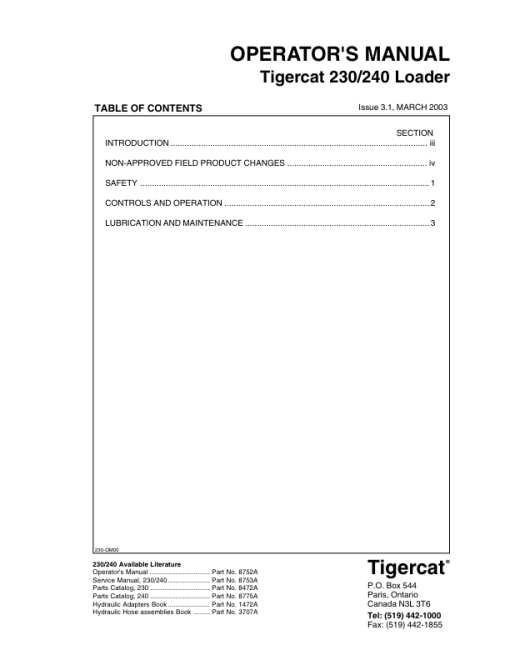 Tigercat 230, 240 Loader Repair Service Manual - Image 5