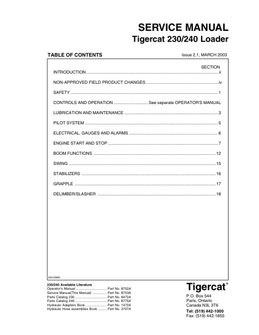 Tigercat 230, 240 Loader Repair Service Manual