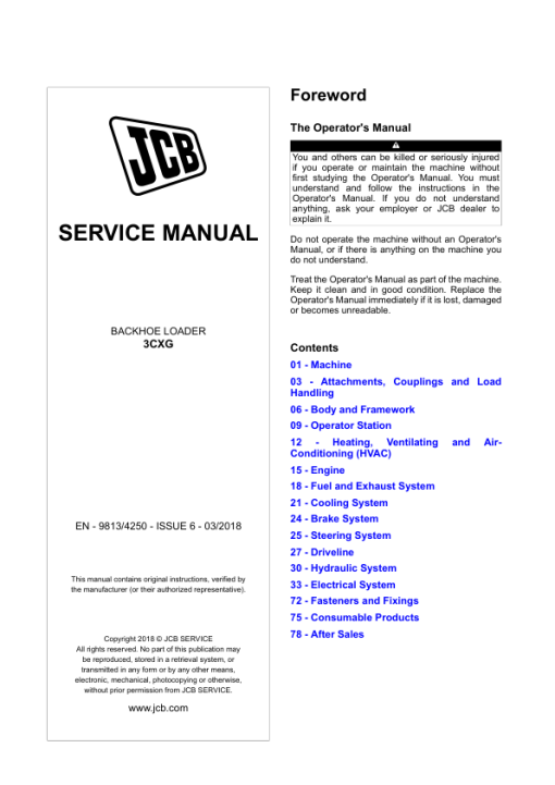 JCB 3CXG Backhoe Loader Service Repair Manual