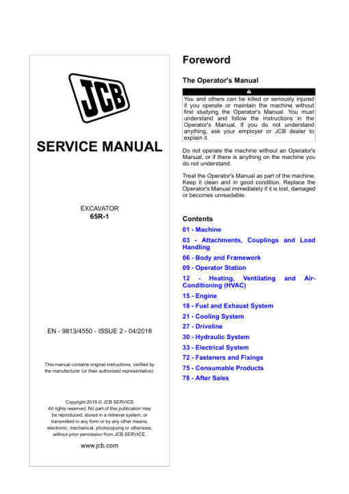 JCB 65R-1 Excavator Service Repair Manual