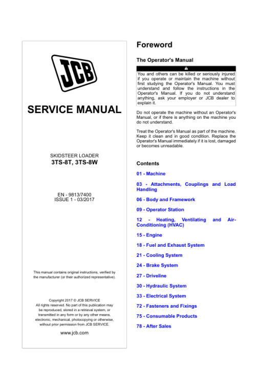 JCB 3TS-8T, 3TS-8W Skidsteer Loader Service Repair Manual