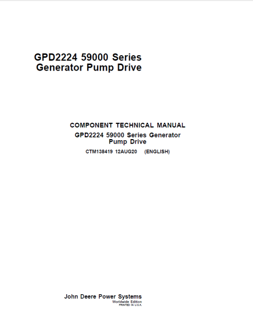 John Deere GPD2224 (59000 Series) Generator Pump Driver Manual (CTM138419)