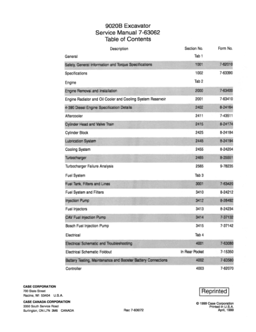 Case 9020B Excavator Service Repair Manual