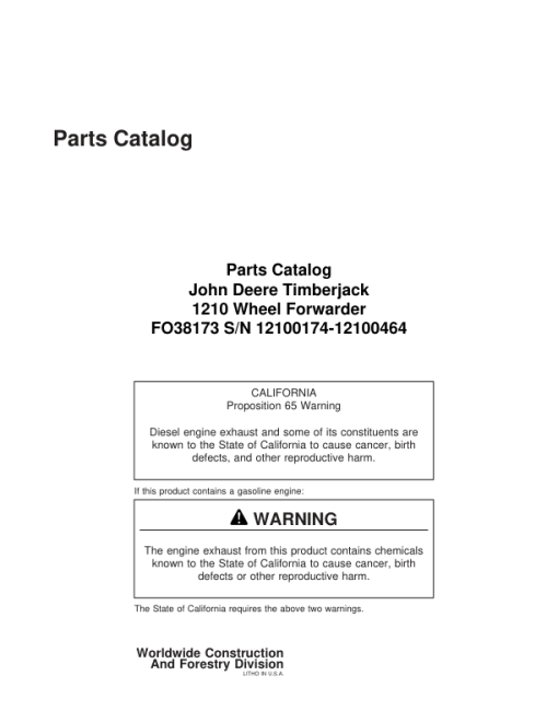 Timberjack 1210 Forwarders (SN 12100174 – 12100464) Parts Catalog Manual