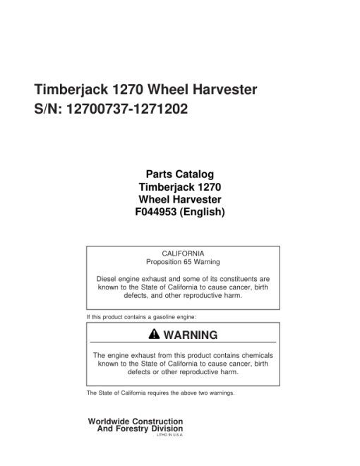 Timberjack 1270 Wheeled Harvesters (SN 12700737–12701202) Parts Catalog Manual - F044953