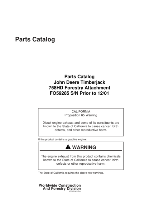 Timberjack 758HD Harvesting Heads (Prior to 03 Jan 21) Parts Catalog Manual