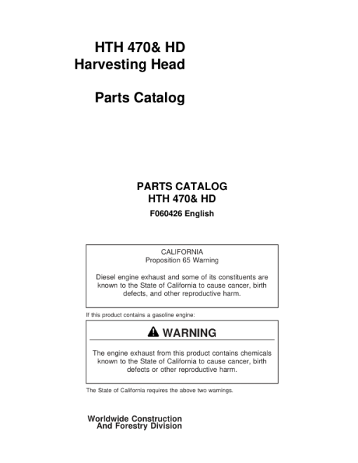 Waratah HTH470, HTH470HD Harvesting Heads Parts Catalog Manual