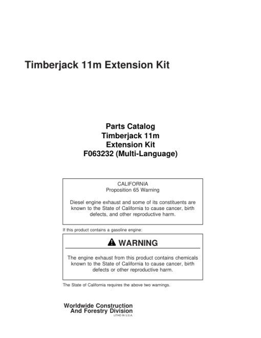 Timberjack 11m Extension Kit Booms Parts Catalog Manual - F063232