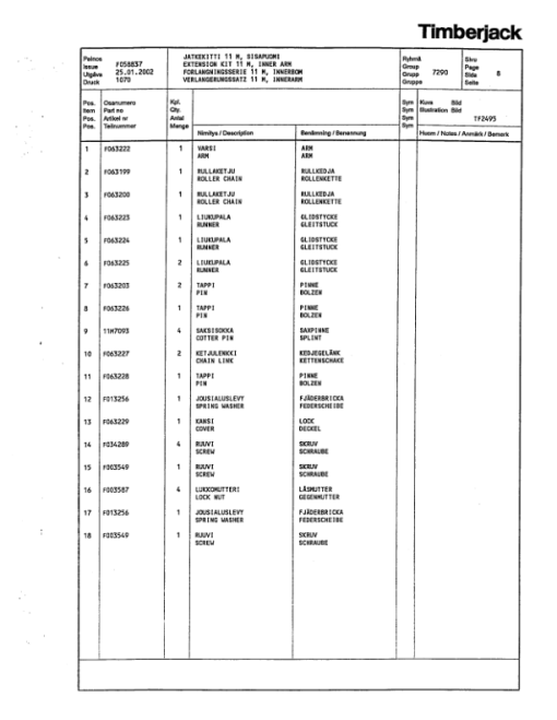 Timberjack 11m Extension Kit Booms Parts Catalog Manual - F063232 - Image 2