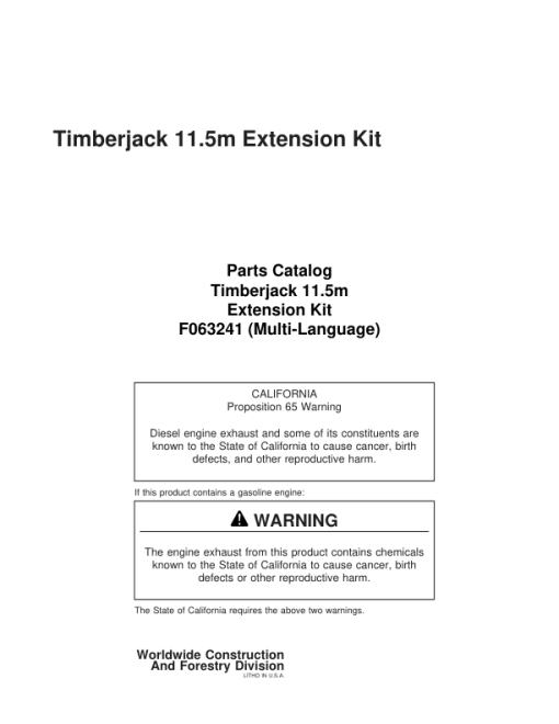 Timberjack 11.5m Extension Kit Parts Catalog Manual - F063241