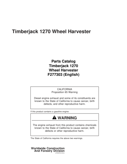 Timberjack 1270 Wheeled Harvesters (SN 12700607–12700736) Parts Catalog Manual - F277303