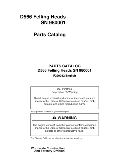 Timberjack D566 Felling Heads (SN 980001-) Parts Catalog Manual - F290082