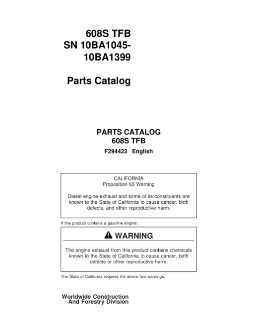 Timberjack 608S Tracked Feller Bunchers (SN 10BA1045–10BA1399) Parts Catalog Manual - F294423