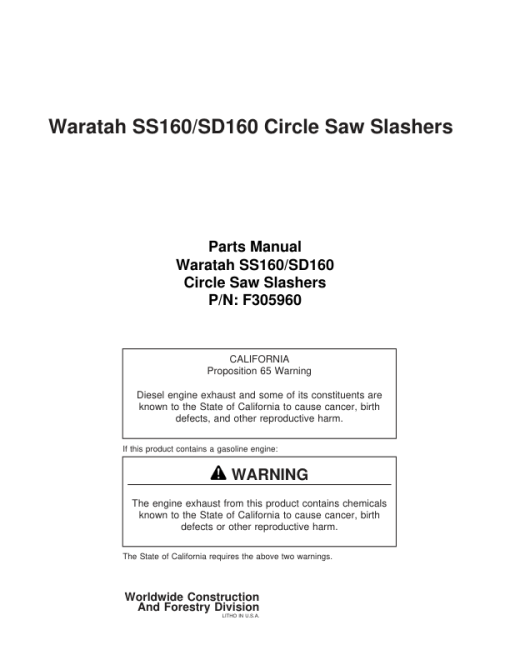 Waratah SD160, SS160 Circle Saw Slashers Loader Attachments Parts Catalog Manual