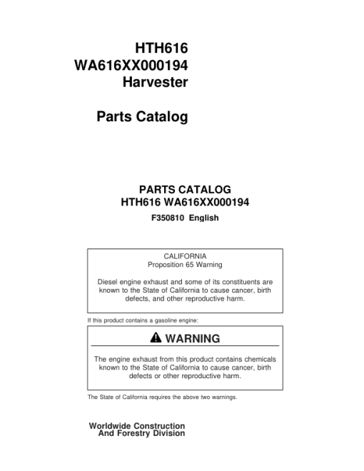 Waratah HTH616 Harvester (SN WA616XX000194) Parts Catalog Manual