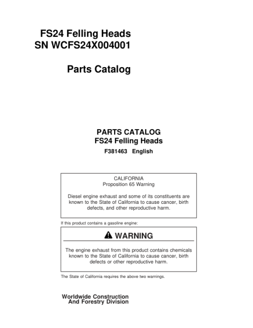 Timberjack FS24 Stt Disc Saw Felling Heads (SN WCFS24X004001) Parts Catalog Manual - F381463