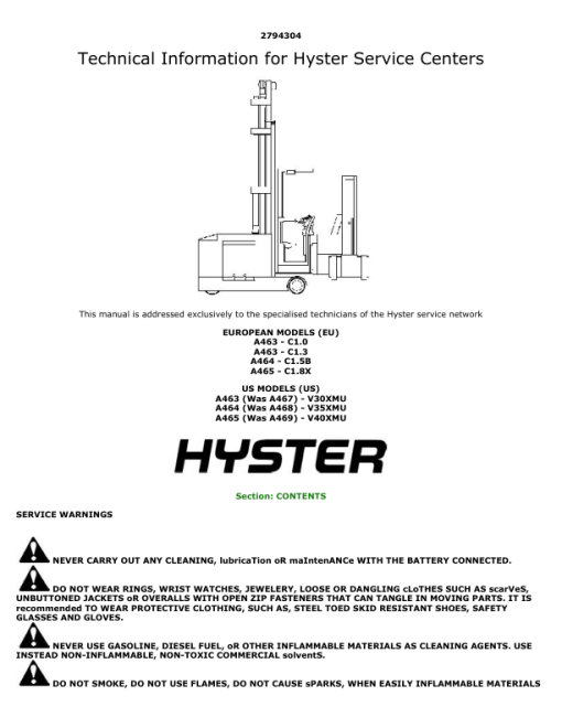 Hyster C1.0, C1.3, V30XMU Very Narrow Isle Truck ZZA4 Series Repair Manual