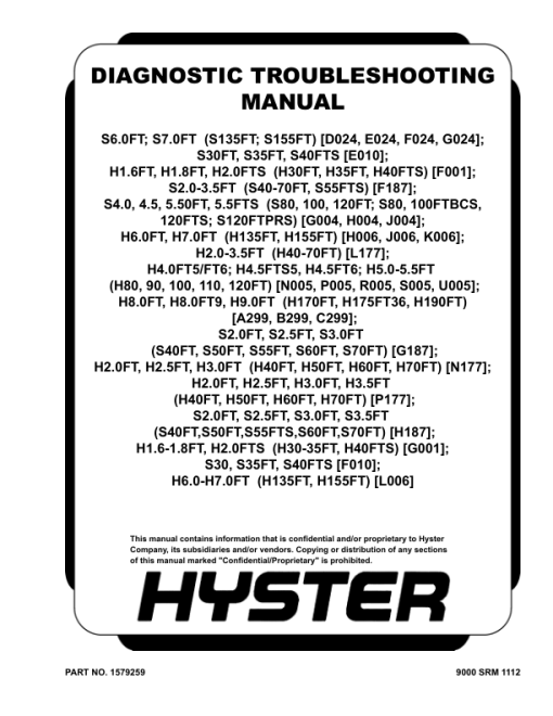 Hyster H1.6FT, 1.8FT, H2.0FTS Forklift Trucks G001 Series Repair Manual (EU)