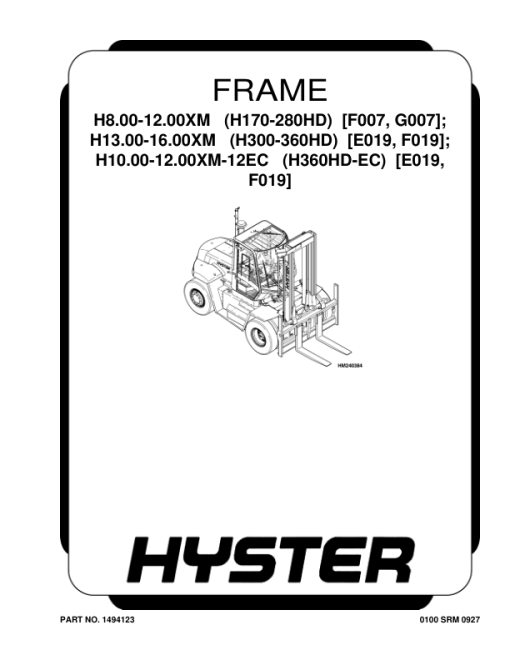 Hyster H12.00XM, H13.00XM, H14.00XM, H16.00XM Forklift Truck F019 Series Repair Manual (EU)