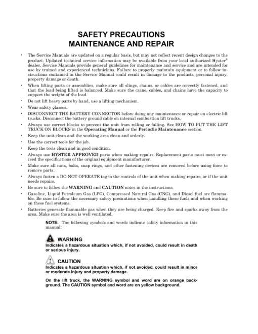 Hyster H135FT, H155FT Forklift Trucks L006 Series Repair Manual