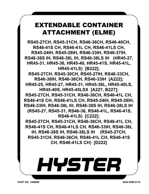 Hyster HR45-25, HR45-27, HR45-31, HR45-40S, HR45-36L, HR45-40LS, HR45-45LSX Container Handler B227 Series Repair Manual