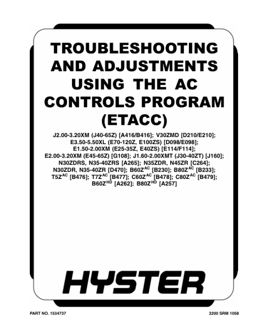 Hyster J1.60XMT, J1.80XMT, J2.00XMT Electric Forklift Truck J160 Series Repair Manual (EU)