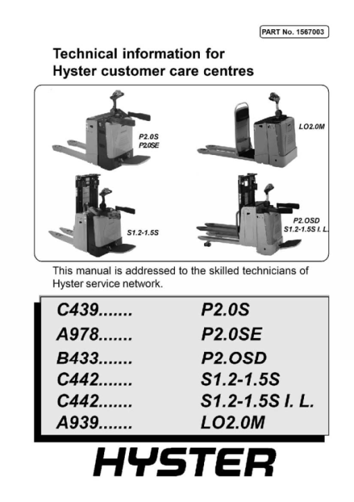 Hyster LO2.0, LO2.0L, LO2.0M Low Level Order Picker A939 Series Repair Manual