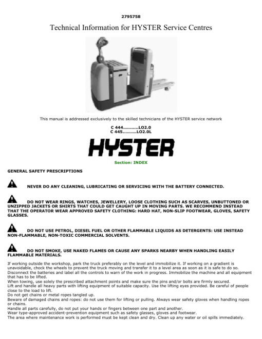 Hyster LO2.0 Low Level Order Picker C444 Series Repair Manual