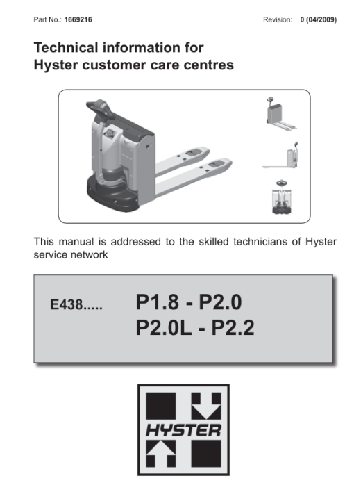 Hyster P1.8, P2.0, P2.0L, P2.2 Electric Pallet Truck E438 Series Repair Manual